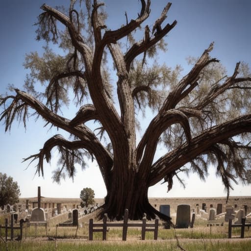  Old west style cemetery with a large dead tree in the background.