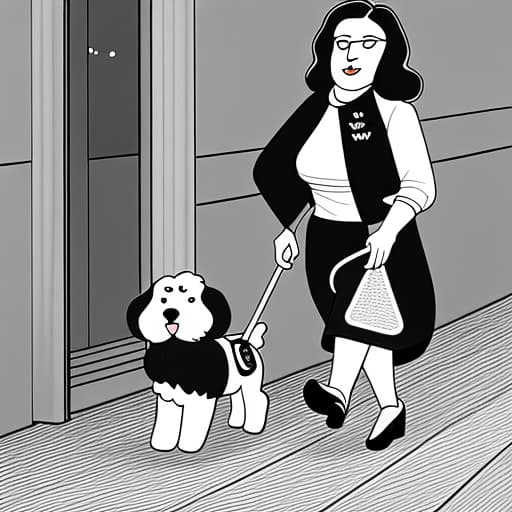  Cavoodle dog black and white cartoon pushing a walking aid