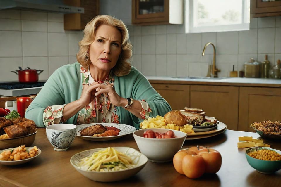  "Realistic close up of a middle aged woman with a worried expression, sitting at a kitchen table. On the table, there are five specific foods known to cause dementia: processed meats, sugary snacks, fried foods, refined carbohydrates, and high fat dairy products. The background is a simple, well lit kitchen, slightly blurred to keep the focus on the woman and the foods. The image is detailed and uses high quality rendering to emphasize the textures and colors of the foods, conveying a sense of caution and awareness."Ensure no face,leg,hand or eye defomities.Ensure all images are clear, detailed, contains no text and no deformities. realistic, highly detailed, photorealistic, cinematic lighting, intricate, sharp focus, f/1.8, 85mm, (centered hyperrealistic, full body, detailed clothing, highly detailed, cinematic lighting, stunningly beautiful, intricate, sharp focus, f/1. 8, 85mm, (centered image composition), (professionally color graded), ((bright soft diffused light)), volumetric fog, trending on instagram, trending on tumblr, HDR 4K, 8K