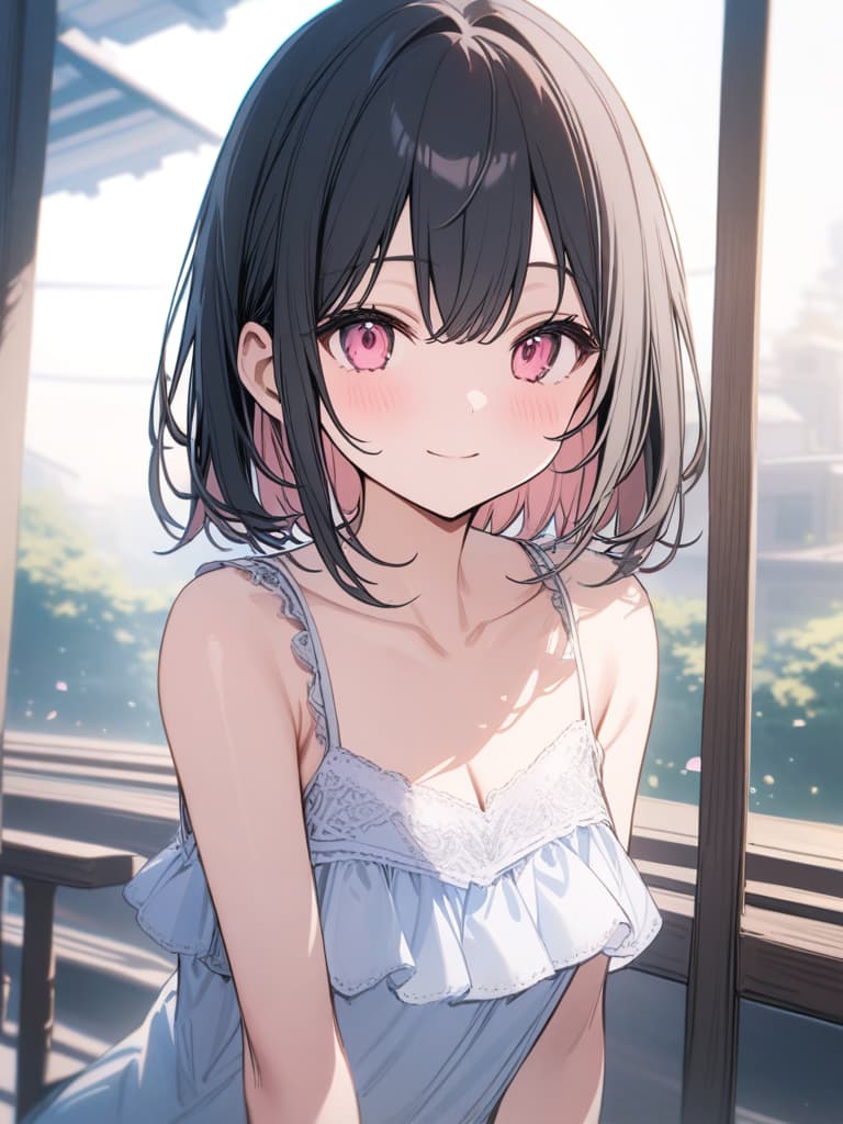  Cute, , young, big s, frills, camisole, bob, black hair, pink eyes, smiles, delicate, masterpiece, best quality,8k,ultra detailed,high resolution,an extremely delicate and beautiful,hyper detail