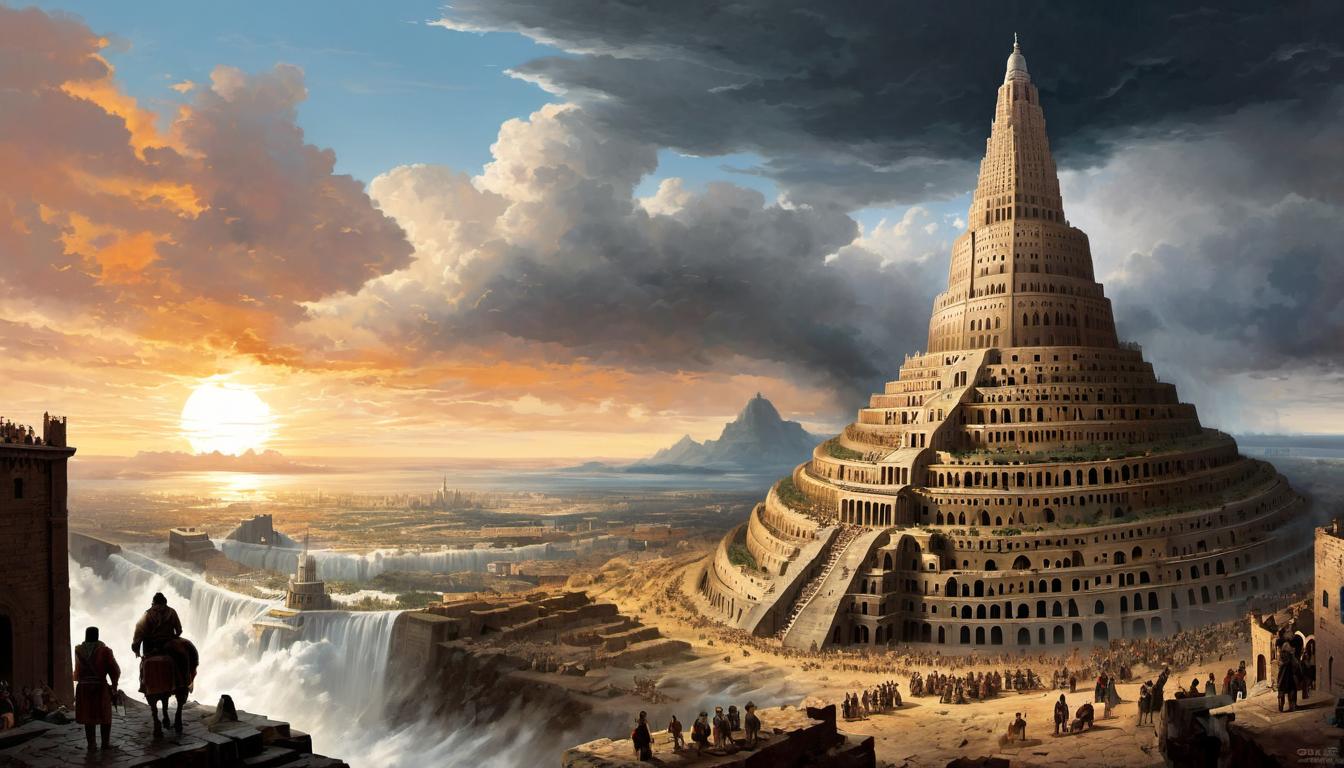  digital painting of A panoramic view of the Tower of Babel rising into the sky, city sprawling beneath, people staring in awe and fear, rebellion, domination looking at viewer, dynamic pose, (intricate details, masterpiece, best quality)