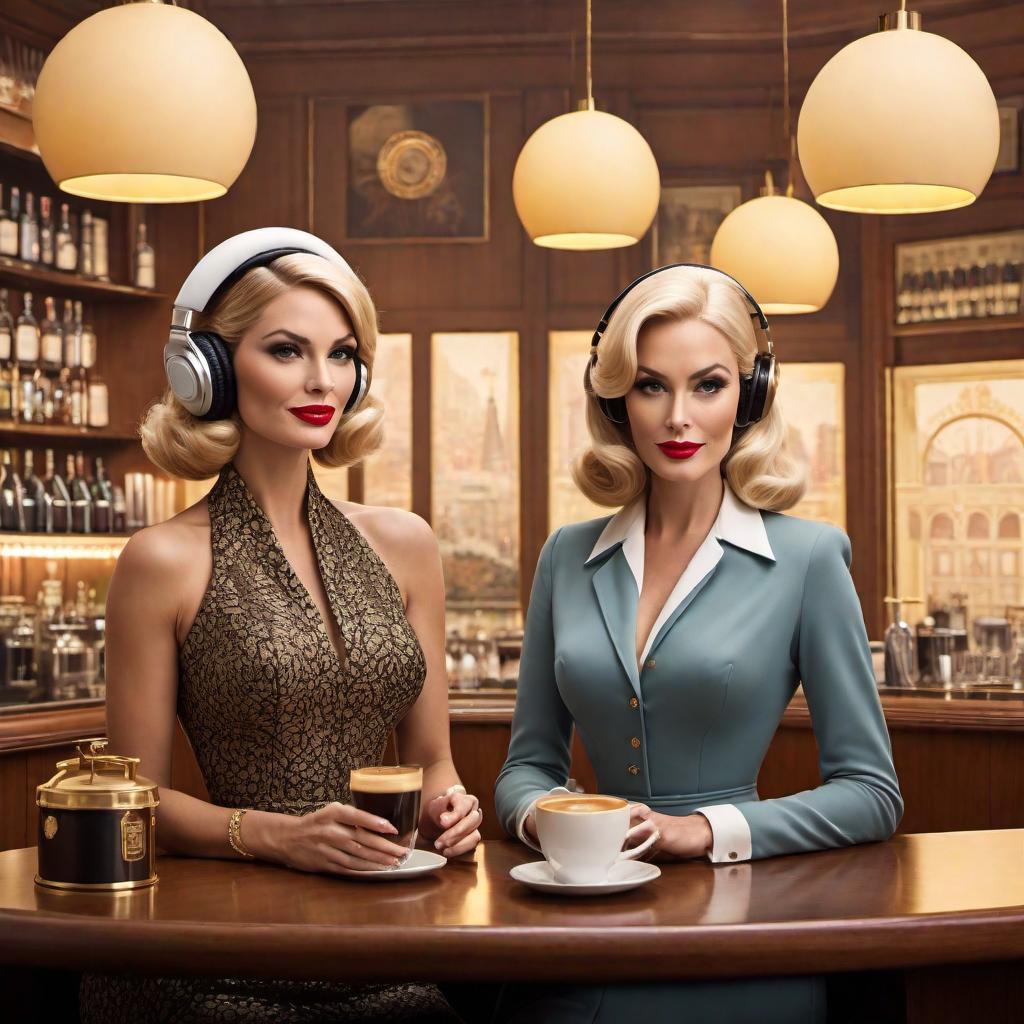  Take the previously liked podcast cover design in the 60s vintage cartoon style. Feature two distinct women in their late 30s, one with blonde hair and the other with brown hair. They should both be elegantly dressed in stylish, upscale outfits, with one holding an espresso martini. The setting should be an elegant room set up for podcasting, including microphones and headphones. Ensure the title 'Plotting Greatness' is prominently displayed in cursive on the cover, using warm and inviting colors like gold, white, and soft pastels to maintain the sense of refinement, elegance, and success, while keeping to the 60s vintage cartoon aesthetic. hyperrealistic, full body, detailed clothing, highly detailed, cinematic lighting, stunningly beautiful, intricate, sharp focus, f/1. 8, 85mm, (centered image composition), (professionally color graded), ((bright soft diffused light)), volumetric fog, trending on instagram, trending on tumblr, HDR 4K, 8K