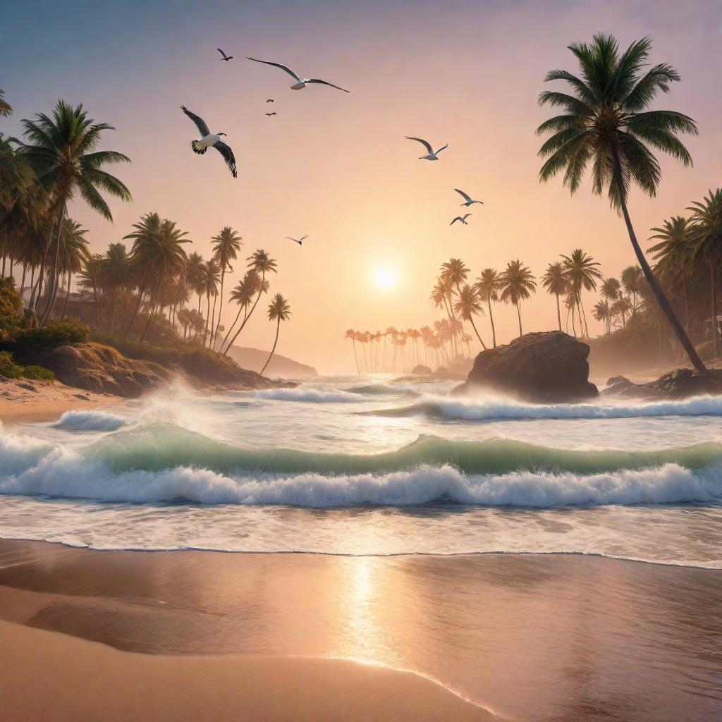  A scenic view of a peaceful beach at sunset with gentle waves, palm trees swaying in the breeze, and seagulls flying in the sky. hyperrealistic, full body, detailed clothing, highly detailed, cinematic lighting, stunningly beautiful, intricate, sharp focus, f/1. 8, 85mm, (centered image composition), (professionally color graded), ((bright soft diffused light)), volumetric fog, trending on instagram, trending on tumblr, HDR 4K, 8K