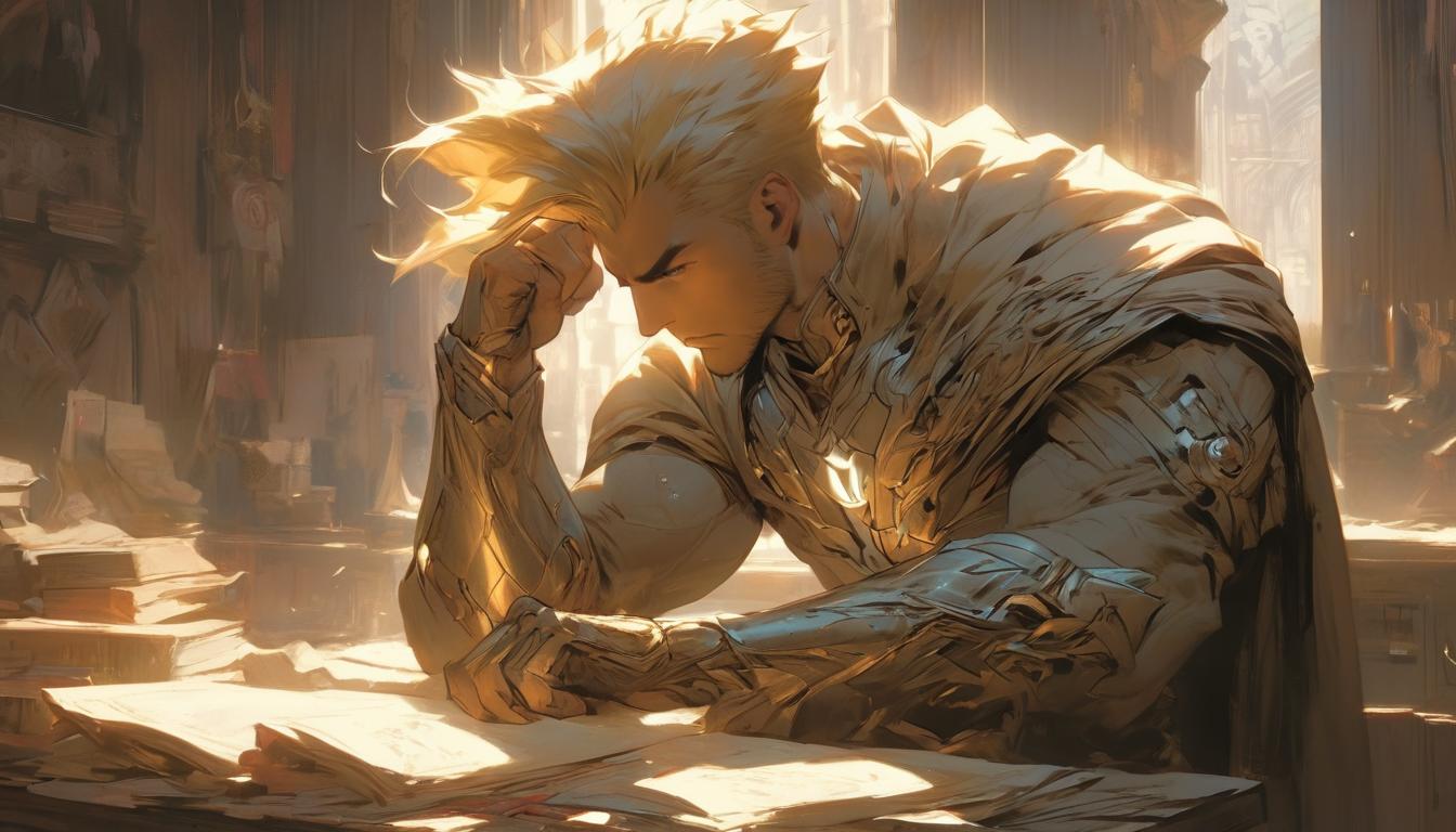  hyperrealism,fantasy aesthetic1man, attractive blonde arian male humanoid, sitting pensively at a wooden desk, soft light from a window illuminating, clutter of scrolls and manuscripts, air of contemplation, high tech clothing clad in sleek, futuristic costume with metallic accents and form fitting designs, marvel superhero comics style, unreal engine rendering