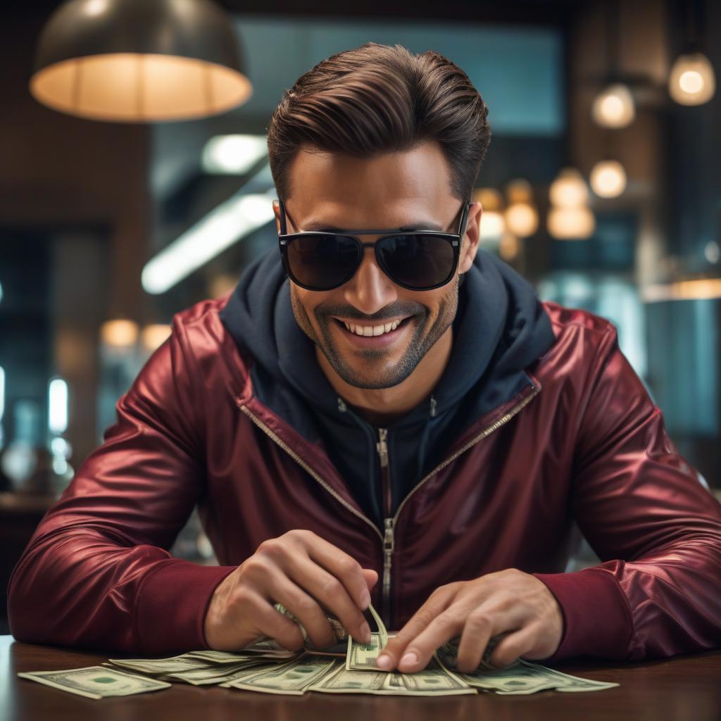  cinematic film still A man in a Gucci tracksuit and black sunglasses sits at a table and counts money in his hands and smiles . shallow depth of field, vignette, highly detailed, high budget, bokeh, cinemascope, moody, epic, gorgeous, film grain, grainy hyperrealistic, full body, detailed clothing, highly detailed, cinematic lighting, stunningly beautiful, intricate, sharp focus, f/1. 8, 85mm, (centered image composition), (professionally color graded), ((bright soft diffused light)), volumetric fog, trending on instagram, trending on tumblr, HDR 4K, 8K