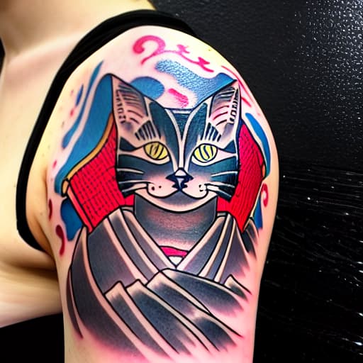  samurai cat tattoo in ukiyo e style