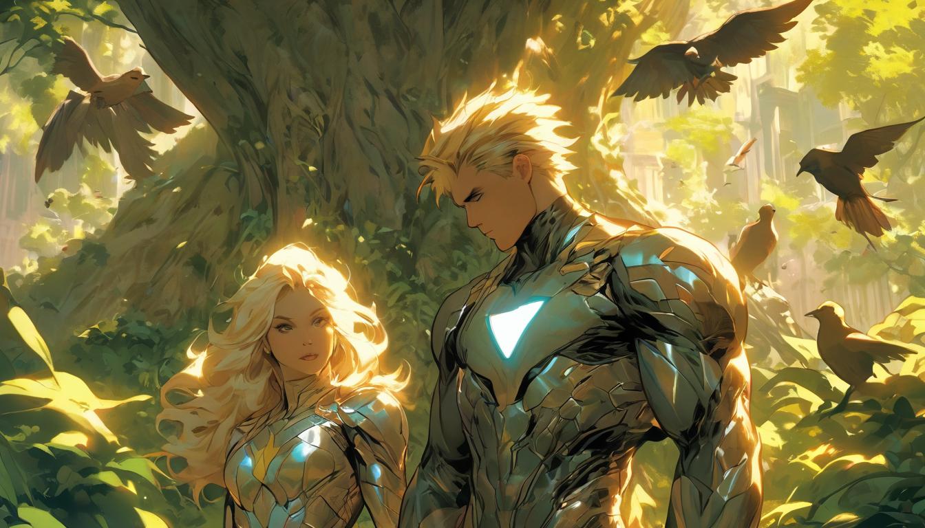  hyperrealism,fantasy aesthetic1man1woman, large busted attractive blonde arian female humanoid and handsome male humanoid, under a tree, leaves rustling, birds singing, high tech clothing clad in sleek, futuristic costume with metallic accents and form fitting designs, marvel superhero comics style, unreal engine rendering