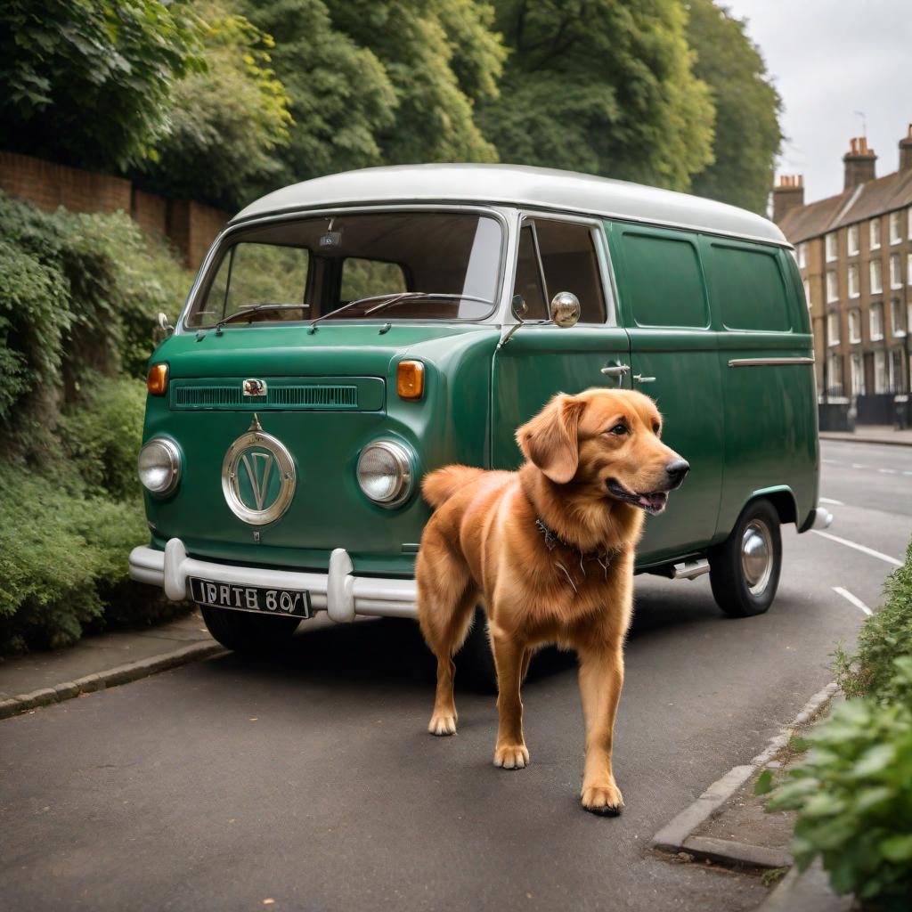  A dog with a golden red coat running around in the back of a big green van in 1960s London. The scene captures The Beatles standing nearby, looking in. hyperrealistic, full body, detailed clothing, highly detailed, cinematic lighting, stunningly beautiful, intricate, sharp focus, f/1. 8, 85mm, (centered image composition), (professionally color graded), ((bright soft diffused light)), volumetric fog, trending on instagram, trending on tumblr, HDR 4K, 8K