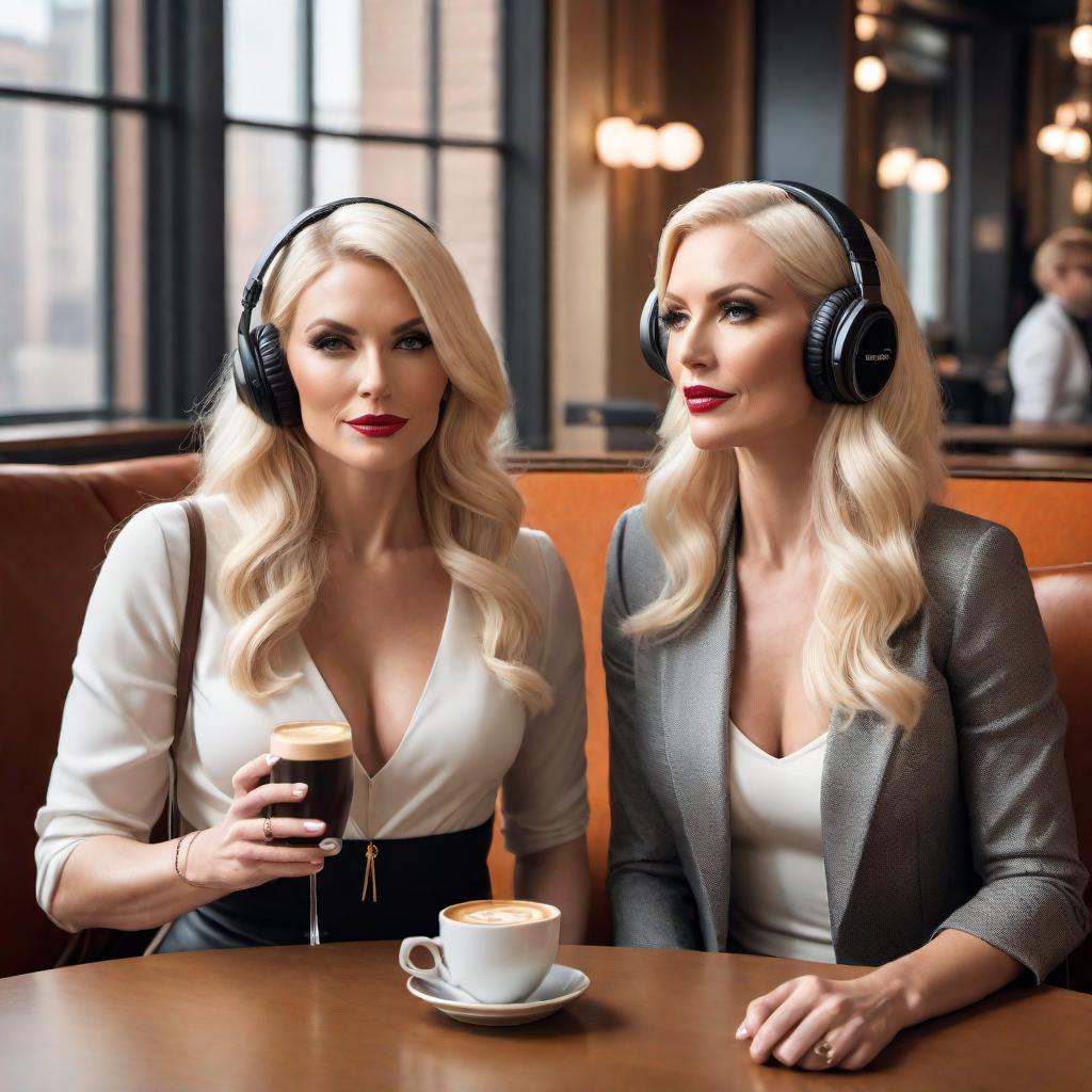  Create a cartoon-style podcast cover featuring two distinct white women in their late 30s with blonde hair. The women should look fancy and high-achieving, with one woman holding an espresso martini, and both appearing to be having fun in a stylish room set up for podcasting. Ensure the women have different appearances to avoid them looking like the same person. The title 'Plotting Greatness' should be prominently displayed, ensuring the cover is an attention-grabber and conveys success. Include elements of a podcast setup like microphones and headphones. Use warm and inviting colors like gold, white, and soft pastels to give it a royal and refined touch. Make the design look eye-catching and professional to help it stand out on platforms l hyperrealistic, full body, detailed clothing, highly detailed, cinematic lighting, stunningly beautiful, intricate, sharp focus, f/1. 8, 85mm, (centered image composition), (professionally color graded), ((bright soft diffused light)), volumetric fog, trending on instagram, trending on tumblr, HDR 4K, 8K