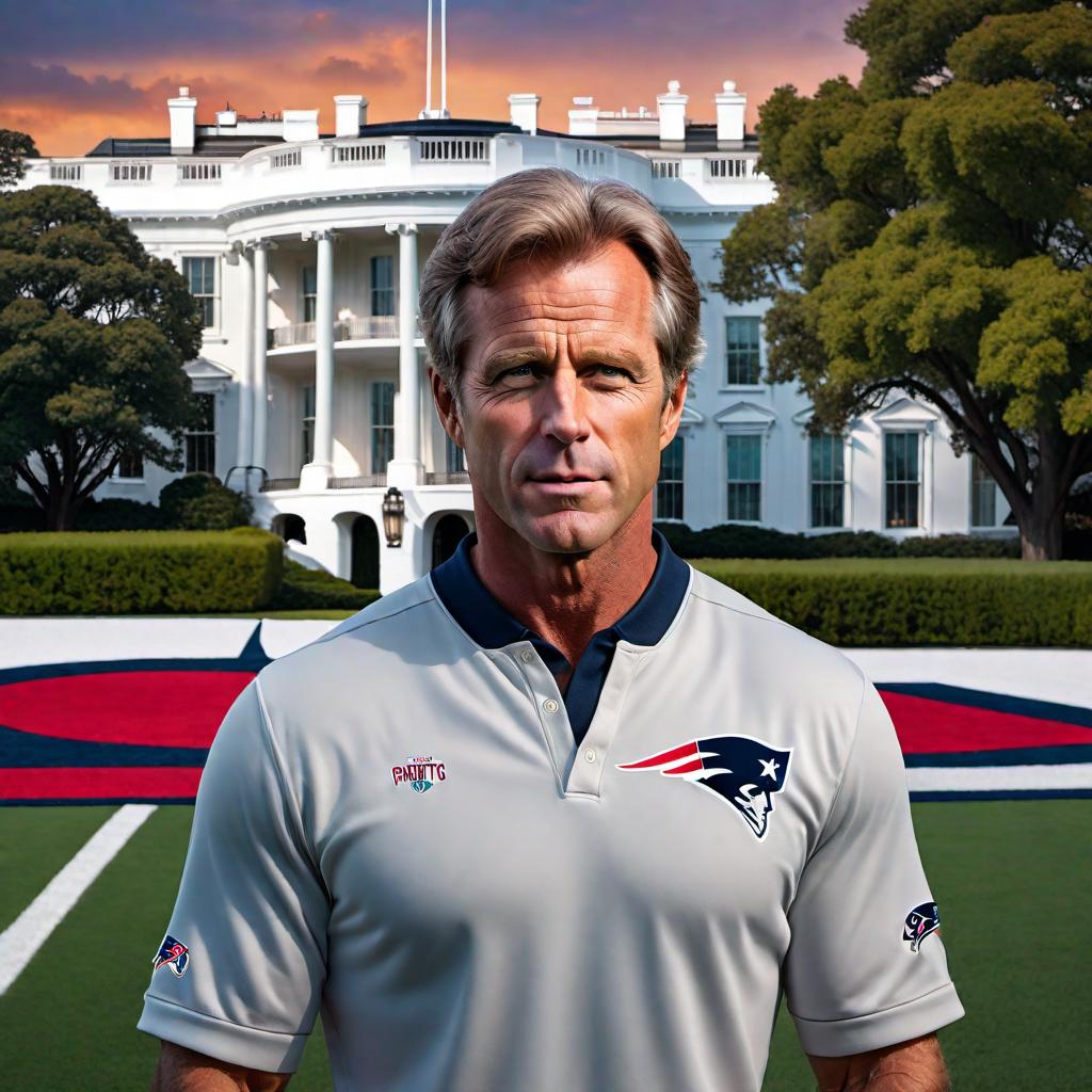  Big head cartoon version of Robert F. Kennedy Jr. standing in front of the White House and a football field, wearing a New England Patriots jersey and logo, and holding a football. hyperrealistic, full body, detailed clothing, highly detailed, cinematic lighting, stunningly beautiful, intricate, sharp focus, f/1. 8, 85mm, (centered image composition), (professionally color graded), ((bright soft diffused light)), volumetric fog, trending on instagram, trending on tumblr, HDR 4K, 8K