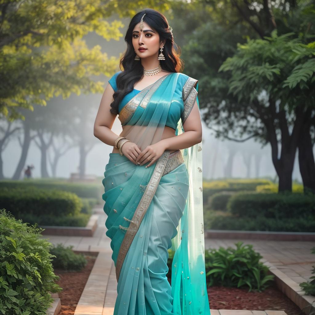  a Chubby indian women in blue saree, at greenery park, clean face details, portrait, hyperrealistic, full body, detailed clothing, highly detailed, cinematic lighting, stunningly beautiful, intricate, sharp focus, f/1. 8, 85mm, (centered image composition), (professionally color graded), ((bright soft diffused light)), volumetric fog, trending on instagram, trending on tumblr, HDR 4K, 8K