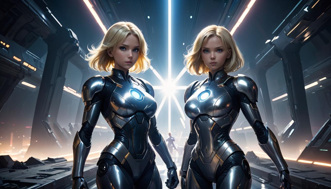  2girls, large busted blonde arian female humanoids, linked by a beam of light, vast universe background, high tech clothing clad in sleek, futuristic costume with metallic accents and form fitting designs, marvel superhero comics style, unreal engine rendering