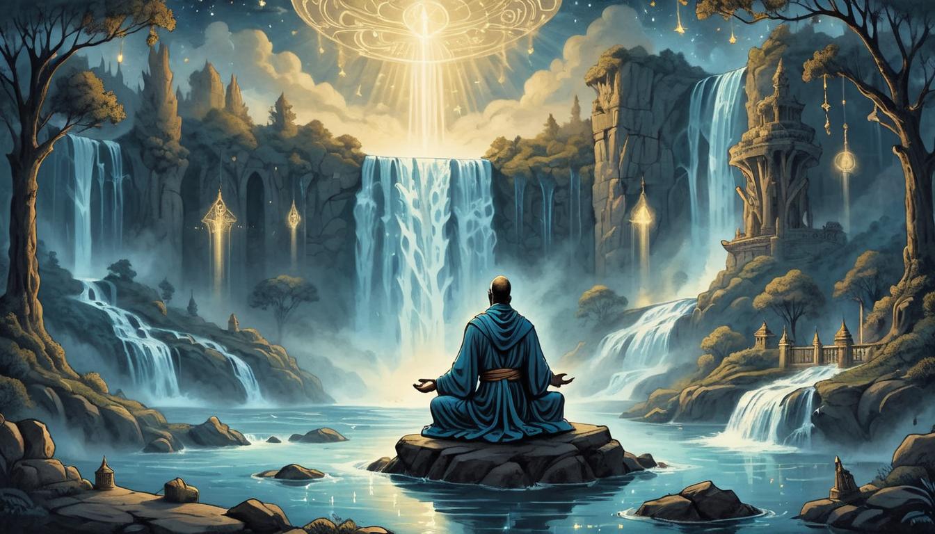  on parchment, surrealism+++, A robed figure meditating under a cascading waterfall of light, surrounded by glowing ancient symbols, serene night sky, sense of divine connection, strength, wisdom(mysterious, provocative, symbolic,muted color)+++