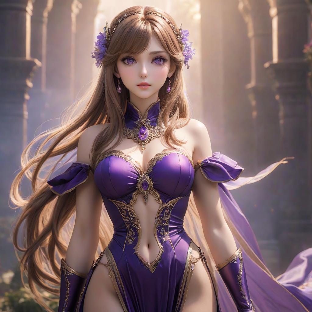  The goddess of beauty and femininity. Light brown hair, slender body, purple eyes hyperrealistic, full body, detailed clothing, highly detailed, cinematic lighting, stunningly beautiful, intricate, sharp focus, f/1. 8, 85mm, (centered image composition), (professionally color graded), ((bright soft diffused light)), volumetric fog, trending on instagram, trending on tumblr, HDR 4K, 8K