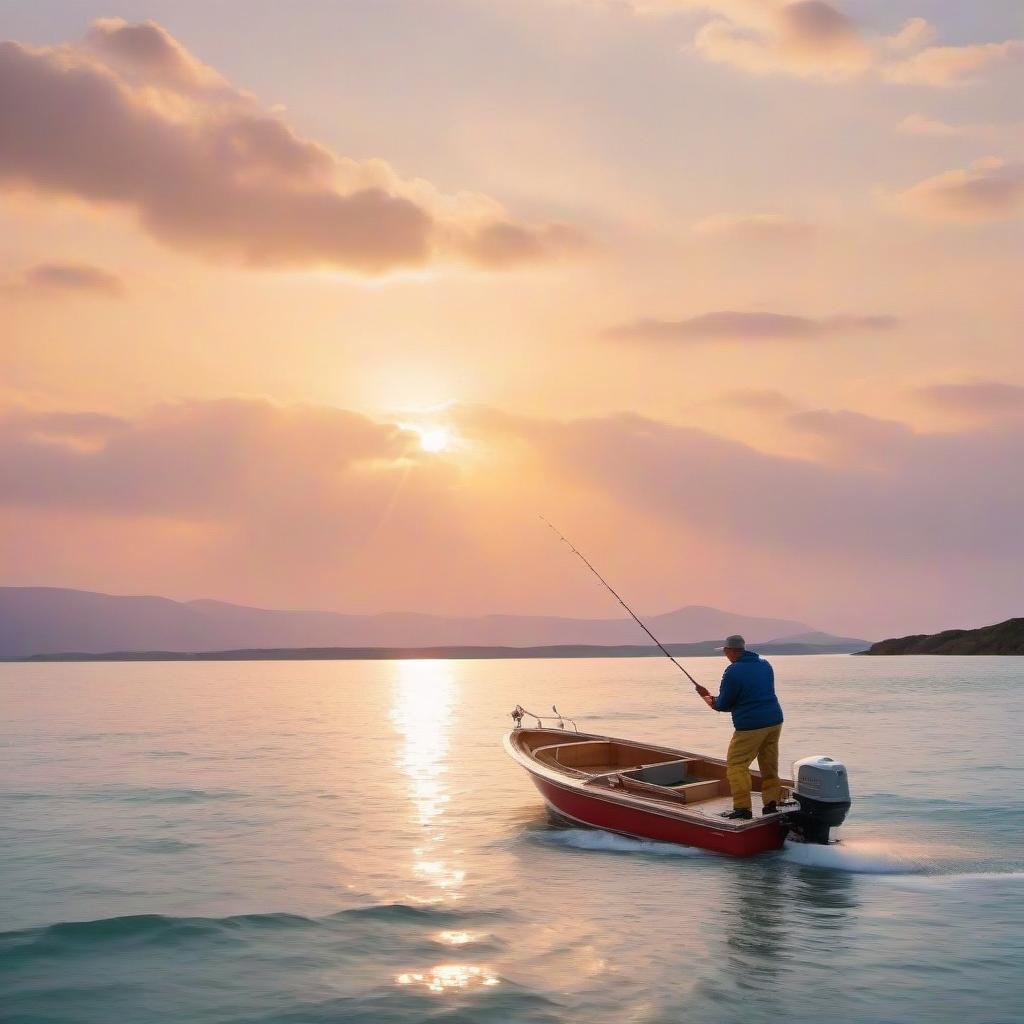  Draw a fisherman on a river catches fish, motor boat, fishing tackle