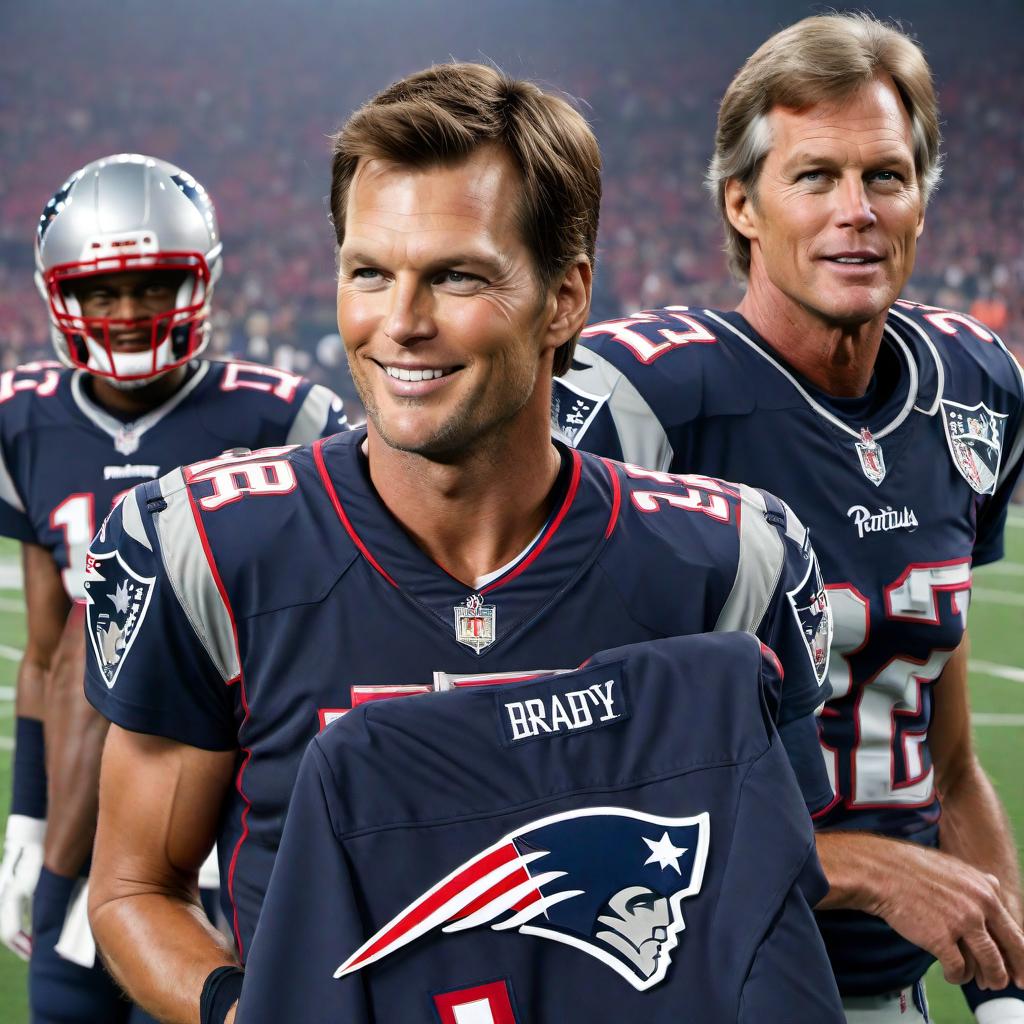  Tom Brady and RFK Jr. standing together with the New England Patriots football logo in the background. Tom Brady should be in his Patriots uniform holding a football, and RFK Jr. should be dressed in a suit, smiling. The background features the New England Patriots logo prominently. hyperrealistic, full body, detailed clothing, highly detailed, cinematic lighting, stunningly beautiful, intricate, sharp focus, f/1. 8, 85mm, (centered image composition), (professionally color graded), ((bright soft diffused light)), volumetric fog, trending on instagram, trending on tumblr, HDR 4K, 8K