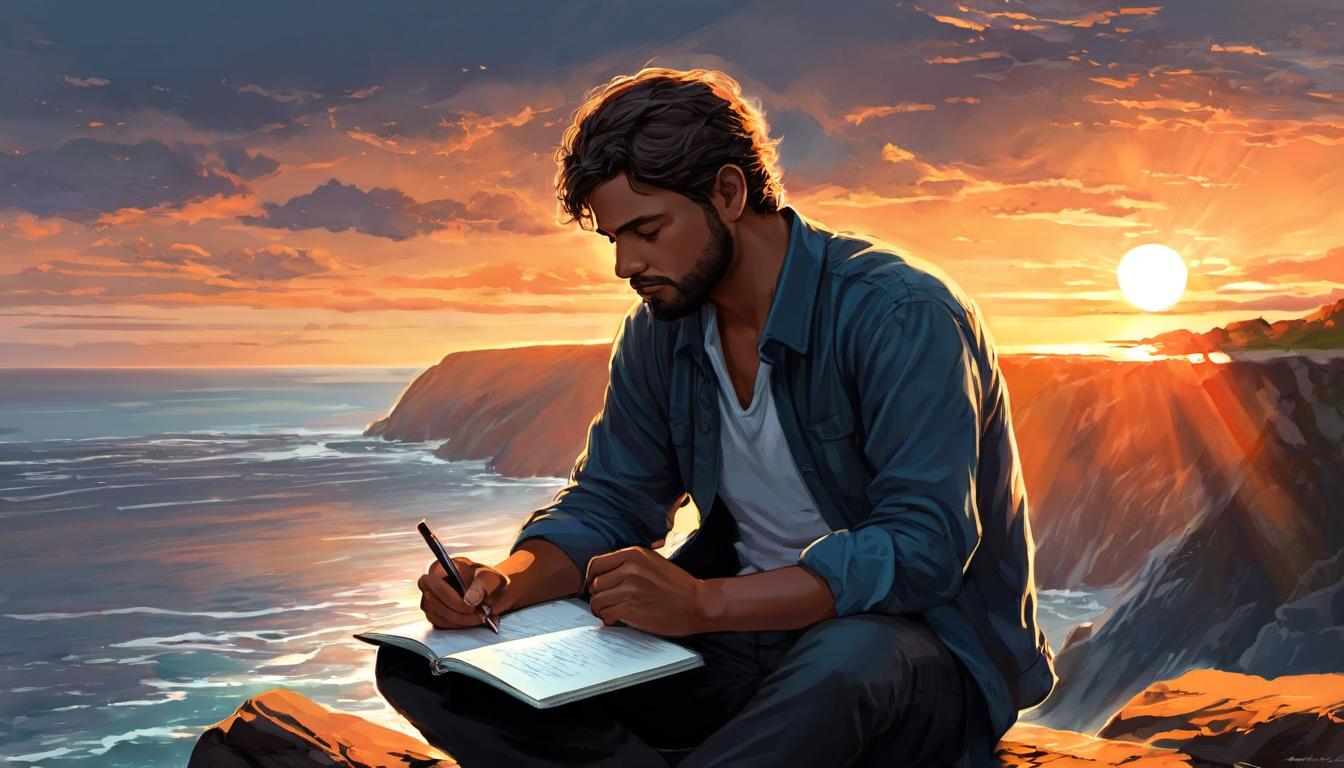  digital illustration, 1man, seated on a cliff edge with a notebook, writing as the sun sets over the ocean, deep expression of contemplation, sea breeze rustling his hair, pensive, introspective, calm, looking at viewer, dynamic pose, (intricate details, masterpiece, best quality)