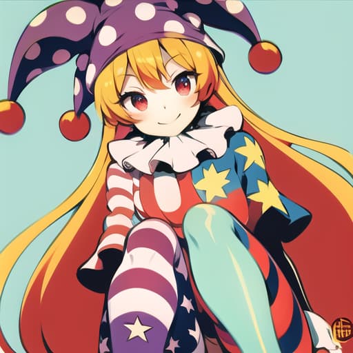  master piece , best quality,1girl, {{clownpiece}}, green hair, {red eyes}, american flag dress, american flag legwear, jester cap, polka dot headwear,