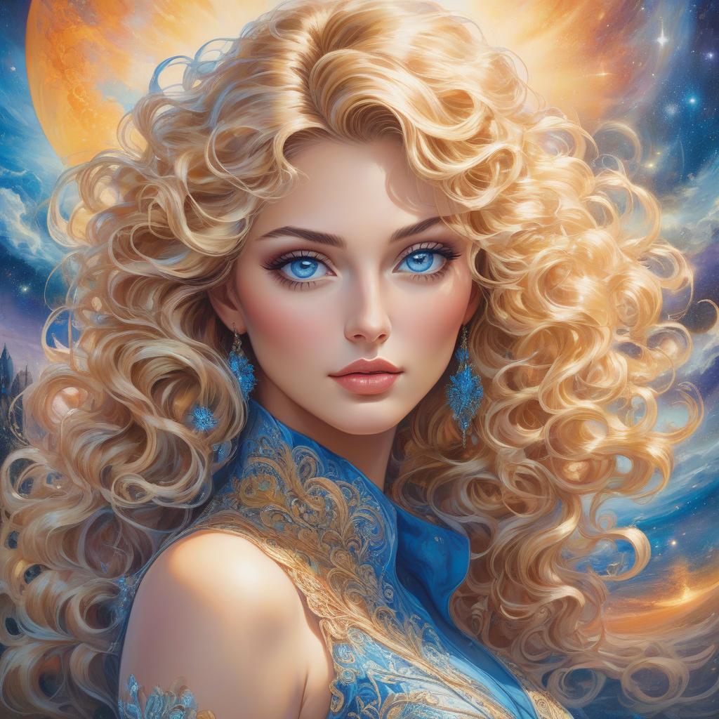  abstract expressionist painting A digital portrait of a woman with curly blond hair, blue eyes, and a celestial background. Create a vintage Aquarell im Stil von Josephine Wall, Tomasz Allen Kopera, Dariusz Zawadzki, Andreja Peklar, Ivan Shiskine ,a fantasy style portrait of a young woman with long, wavy ash blond hair, featuring subtle brown highlights. Her complexion is fair with a warm undertone. She has large, round, hazel eyes with visible eyelashes and well groomed, arched eyebrows. Her lips are full with a slight peach tint, accompanying a small, straight nose and a softly contoured face with prominent cheekbones, gently flushed cheeks, and a delicate chin. Modifiers: . energetic brushwork, bold colors, abstract forms, expressive, em hyperrealistic, full body, detailed clothing, highly detailed, cinematic lighting, stunningly beautiful, intricate, sharp focus, f/1. 8, 85mm, (centered image composition), (professionally color graded), ((bright soft diffused light)), volumetric fog, trending on instagram, trending on tumblr, HDR 4K, 8K