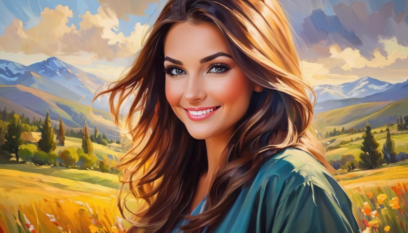  oil paintingAn attractive woman with a genuine smile, dressed modestly in earthy tones, painting a beautiful landscape, surrounded by nature, embodying humility and talent.(energetic brushwork, bold vibrant colors, expressive, emotional,bold brush, oil stroke, raw, emotional, dynamic, distortion for emotional effect, detailed,beautiful, loose brushwork, light and shadow play, captures feeling over form, balanced color