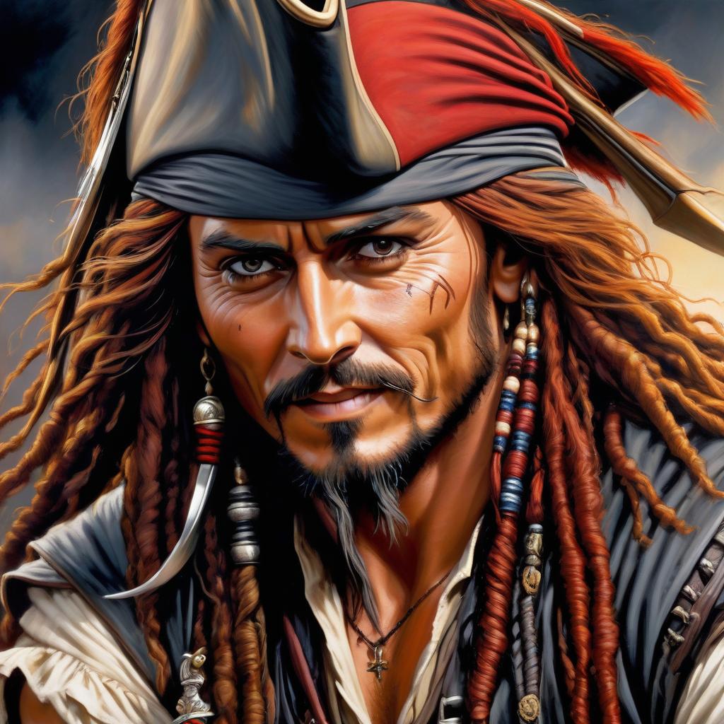  (Masterpiece, oil painting: 1.5), canvas, oil, Captain Jack Sparrow pirate with a grin, long red dreadlocks, holding a sword in a hat, intense gaze focused on the viewer, in the style of Alex Ross, numerous small details, splashes of paint, thick brushstrokes, close up view, perfect composition, vivid texture of the canvas and oil, (detailed attention to details: 1.5), 8K resolution. hyperrealistic, full body, detailed clothing, highly detailed, cinematic lighting, stunningly beautiful, intricate, sharp focus, f/1. 8, 85mm, (centered image composition), (professionally color graded), ((bright soft diffused light)), volumetric fog, trending on instagram, trending on tumblr, HDR 4K, 8K