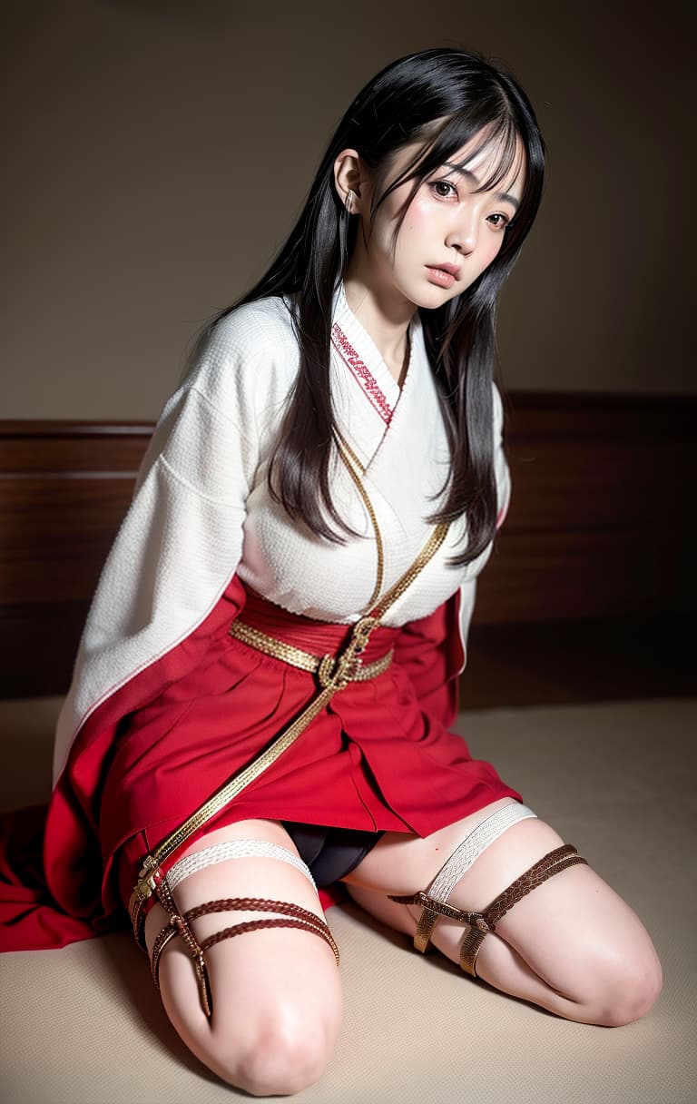  Restraint, bondage, shrine maiden, (Masterpiece, BestQuality:1.3), (ultra detailed:1.2), (hyperrealistic:1.3), (RAW photo:1.2),High detail RAW color photo, professional photograph, (Photorealistic:1.4), (realistic:1.4), ,professional lighting, (japanese), beautiful face, (realistic face)