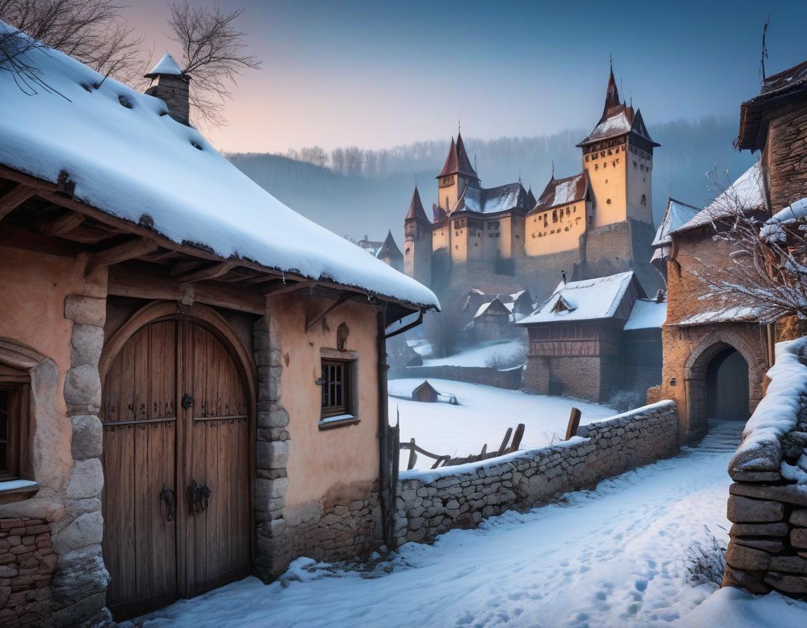  No people. Small village in Romania in the snow. In the style of Jean Baptiste Monge, old gothic rickety buildings. Bunches of garlic hang on the doors of houses. Dracula's castle is visible in the distance. Night, bats fly in the sky. Scary. Details. Lots of embellishments and small details, detailed look. soft colors, HDR, 4K hyperrealistic, full body, detailed clothing, highly detailed, cinematic lighting, stunningly beautiful, intricate, sharp focus, f/1. 8, 85mm, (centered image composition), (professionally color graded), ((bright soft diffused light)), volumetric fog, trending on instagram, trending on tumblr, HDR 4K, 8K