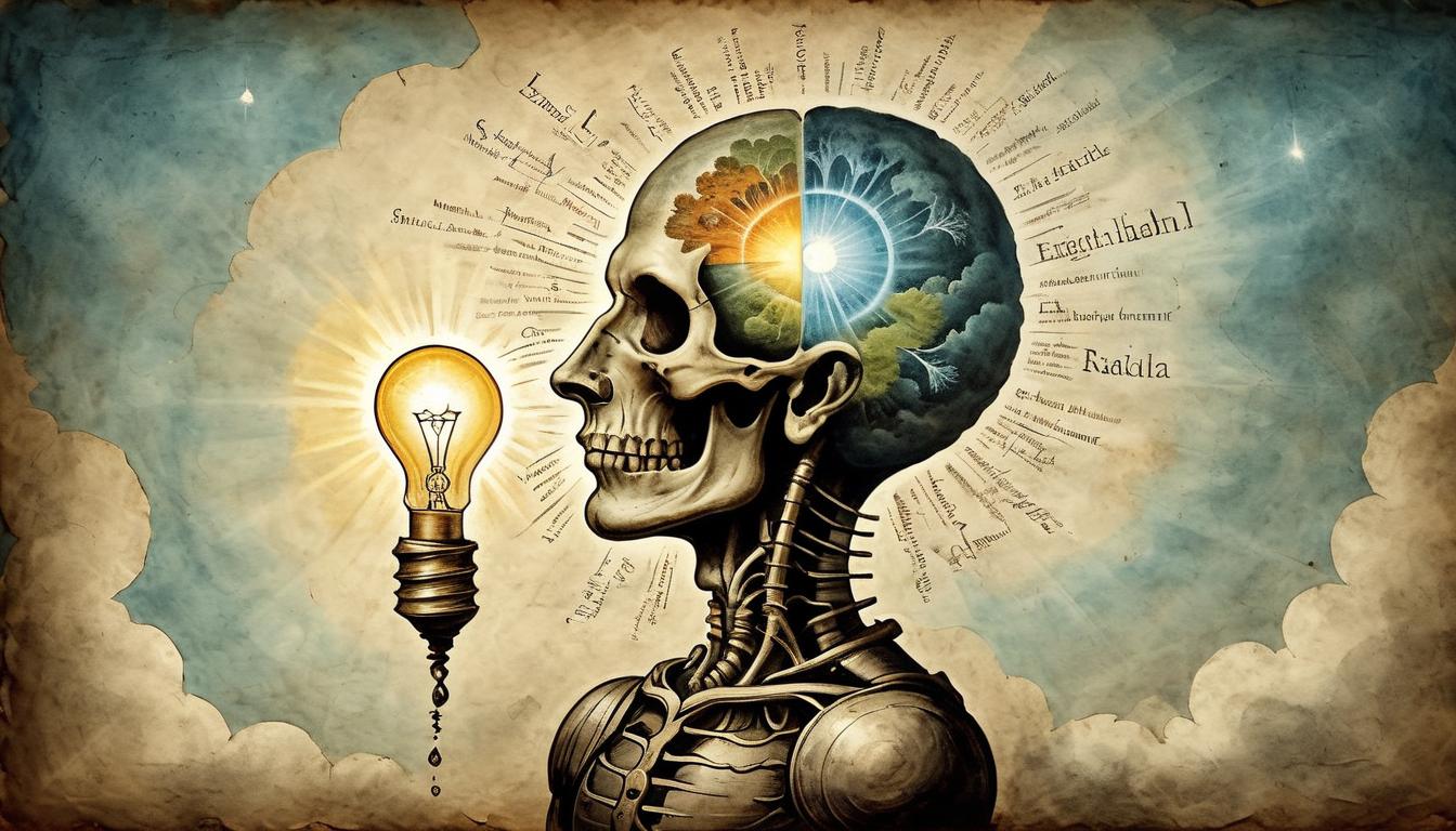  on parchment, surrealism+++, Bright light bulb, radiating thoughts, conceptual elements of mind influencing body, enlightenment(mysterious, provocative, symbolic,muted color)+++