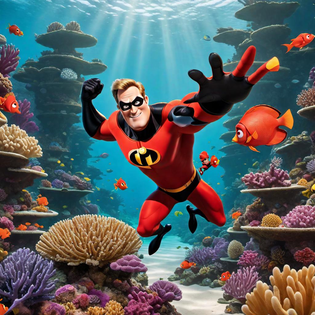  A vibrant, eye-catching Instagram Reel frame with a picture in the middle of the Reels image. The picture is surrounded by an underwater reef with Mr. Incredible from The Incredibles positioned around the reef. The entire frame should have bold gold lettering for the text, making it pop and drawing attention. hyperrealistic, full body, detailed clothing, highly detailed, cinematic lighting, stunningly beautiful, intricate, sharp focus, f/1. 8, 85mm, (centered image composition), (professionally color graded), ((bright soft diffused light)), volumetric fog, trending on instagram, trending on tumblr, HDR 4K, 8K