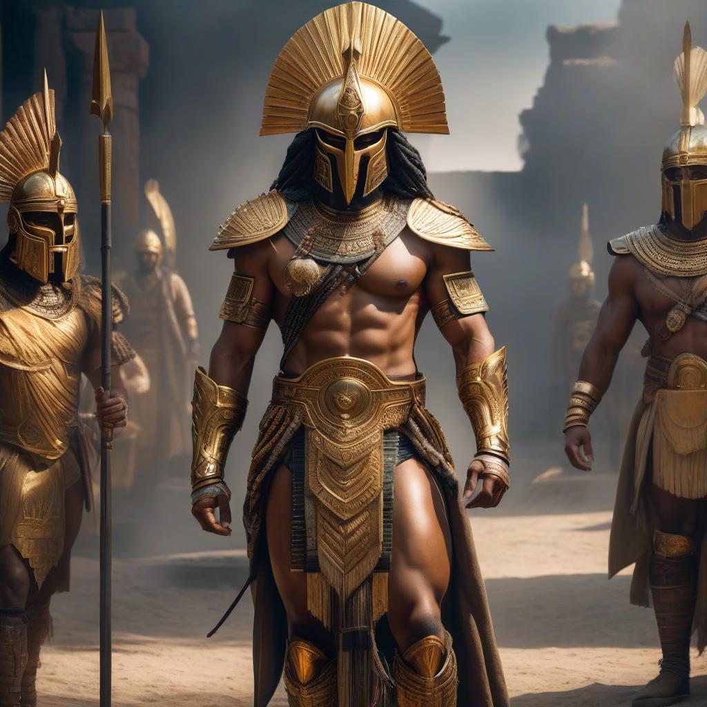  Warrior without armor, with closed golden pharaon's mask on his head and shoulders. hyperrealistic, full body, detailed clothing, highly detailed, cinematic lighting, stunningly beautiful, intricate, sharp focus, f/1. 8, 85mm, (centered image composition), (professionally color graded), ((bright soft diffused light)), volumetric fog, trending on instagram, trending on tumblr, HDR 4K, 8K