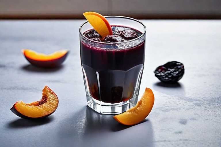  "Close up of a glass of prune juice on a kitchen counter, with a slightly blurred background showing a clean, modern kitchen. The glass is filled with a rich, dark liquid, and a few prunes are placed next to it. The lighting is natural and warm, highlighting the texture and color of the juice. The image is realistic and detailed, focusing on the drink as the solution. The background is simple and uncluttered, ensuring the main focus remains on the glass of prune juice. The overall mood is inviting and health focused, suggesting a natural remedy for immediate relief."Ensure no face,leg,hand or eye defomities.Ensure all images are clear, detailed, contains no text and no deformities. realistic, highly detailed, photorealistic, cinematic light hyperrealistic, full body, detailed clothing, highly detailed, cinematic lighting, stunningly beautiful, intricate, sharp focus, f/1. 8, 85mm, (centered image composition), (professionally color graded), ((bright soft diffused light)), volumetric fog, trending on instagram, trending on tumblr, HDR 4K, 8K