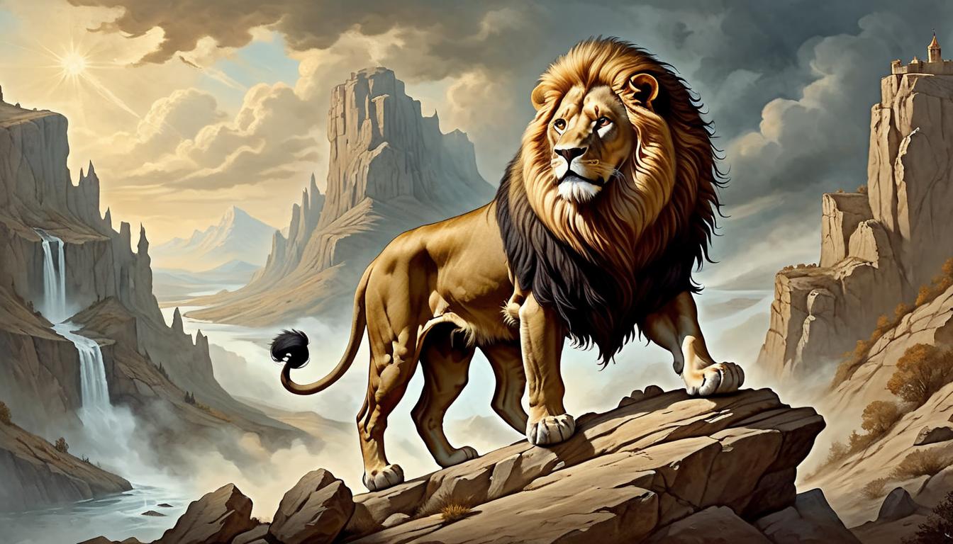  on parchment, surrealism+++, A triumphant lion, golden mane flowing, standing atop a rocky cliff, majesty, pride, powerful affirmation(mysterious, provocative, symbolic,muted color)+++