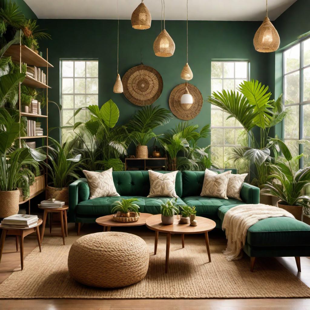  A jungle-themed living room in an apartment featuring the uploaded couch. The room has deep green walls with tropical leaf patterns and wooden paneling. The couch is placed as the main seating area, complemented with natural, earthy furniture pieces made of rattan and wicker. The room is filled with numerous indoor plants like ferns, palms, and hanging plants. Decor includes cushions with animal prints, a large jute rug, and shelves with books and jungle-themed artwork. Warm, soft lighting from floor lamps and string lights enhances the ambiance. The design should integrate the couch seamlessly into the jungle theme. hyperrealistic, full body, detailed clothing, highly detailed, cinematic lighting, stunningly beautiful, intricate, sharp focus, f/1. 8, 85mm, (centered image composition), (professionally color graded), ((bright soft diffused light)), volumetric fog, trending on instagram, trending on tumblr, HDR 4K, 8K