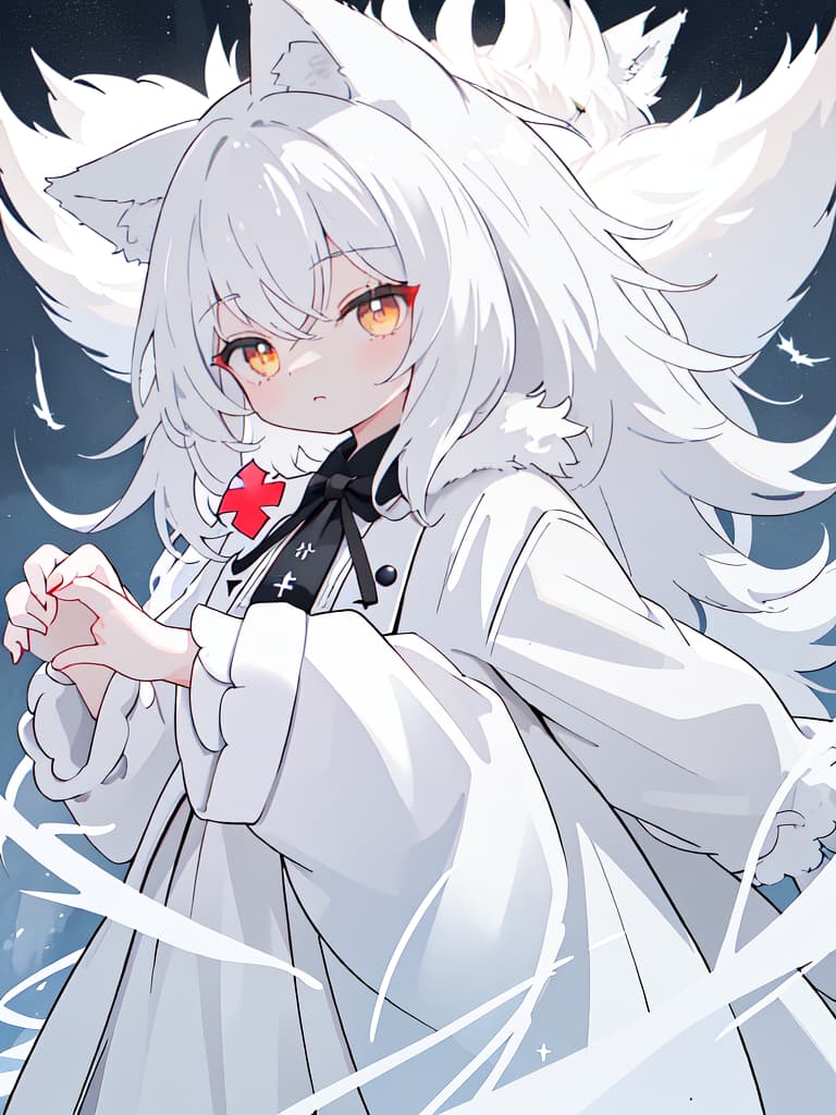  ((white fluffy werewolf only、anthropomorphic wolf only、1 man with the head of a wolf))、claw hands、from behind、looking back、(white trench coat with a red cross pattern on the back)、in dark night field、best quality:1.4、masterpiece:1.4、ultra detailed texture、RAW photorealistic、absurd resolution、8K illustration、💩、💩、💩、💩、💩、, masterpiece, best quality,8k,ultra detailed,high resolution,an extremely delicate and beautiful,hyper detail