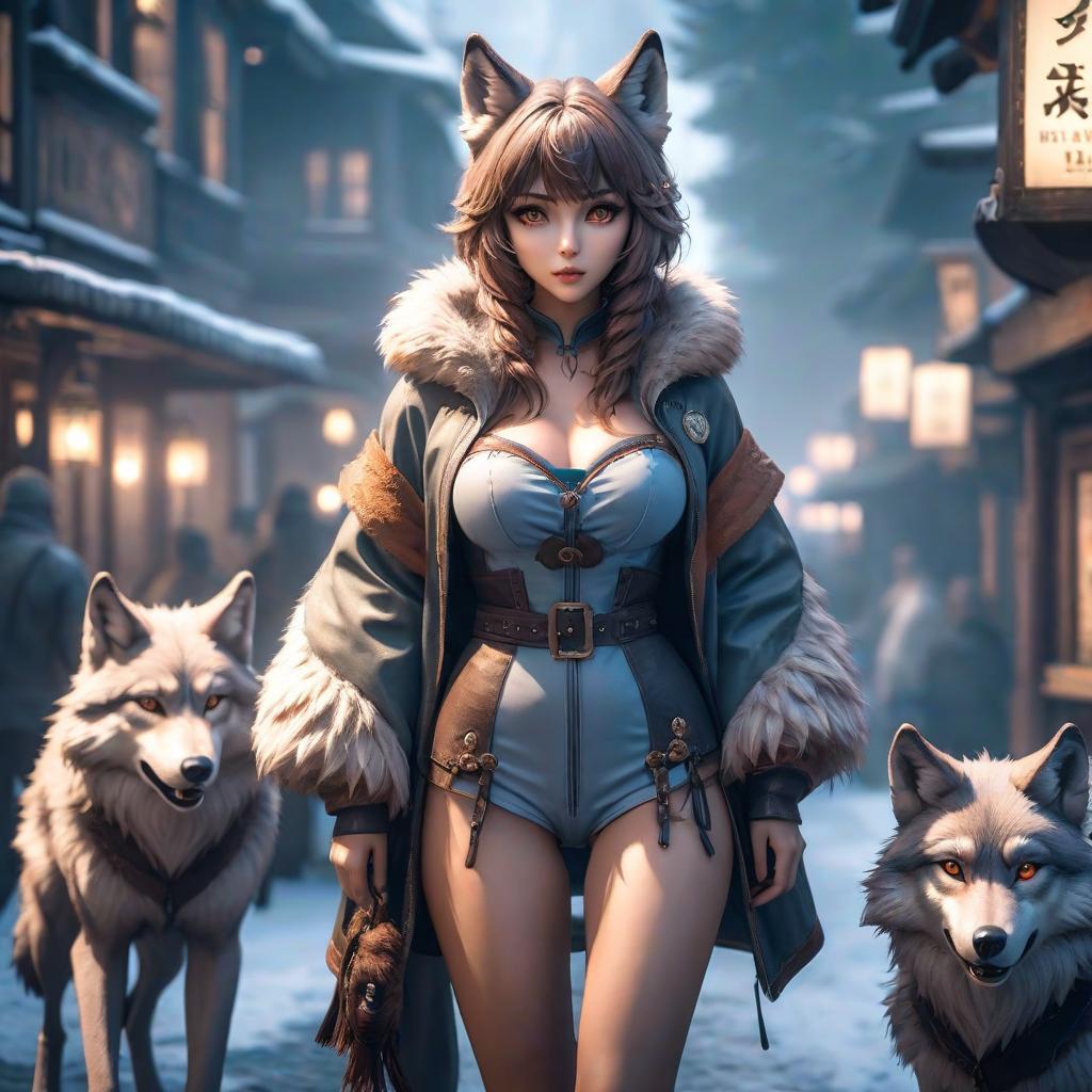  Furry, wolf girl hyperrealistic, full body, detailed clothing, highly detailed, cinematic lighting, stunningly beautiful, intricate, sharp focus, f/1. 8, 85mm, (centered image composition), (professionally color graded), ((bright soft diffused light)), volumetric fog, trending on instagram, trending on tumblr, HDR 4K, 8K