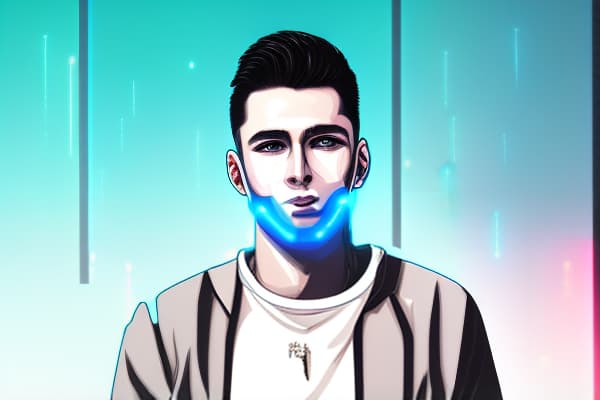 mdjrny-v4 style Anime style portrait of a young man with short, spiky black hair and blue eyes. He is wearing a black jacket over a white shirt, paired with dark jeans and combat boots. The background features an urban cityscape at dusk, illuminated by neon lights. Detailed and expressive, with a confident and determined look.