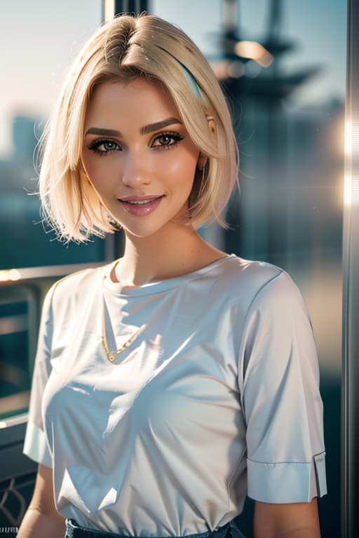  1girl,1girl,blonde short hair,straight hair,upper body shot,shirt,smile hyperrealistic, full body, detailed clothing, highly detailed, cinematic lighting, stunningly beautiful, intricate, sharp focus, f/1. 8, 85mm, (centered image composition), (professionally color graded), ((bright soft diffused light)), volumetric fog, trending on instagram, trending on tumblr, HDR 4K, 8K