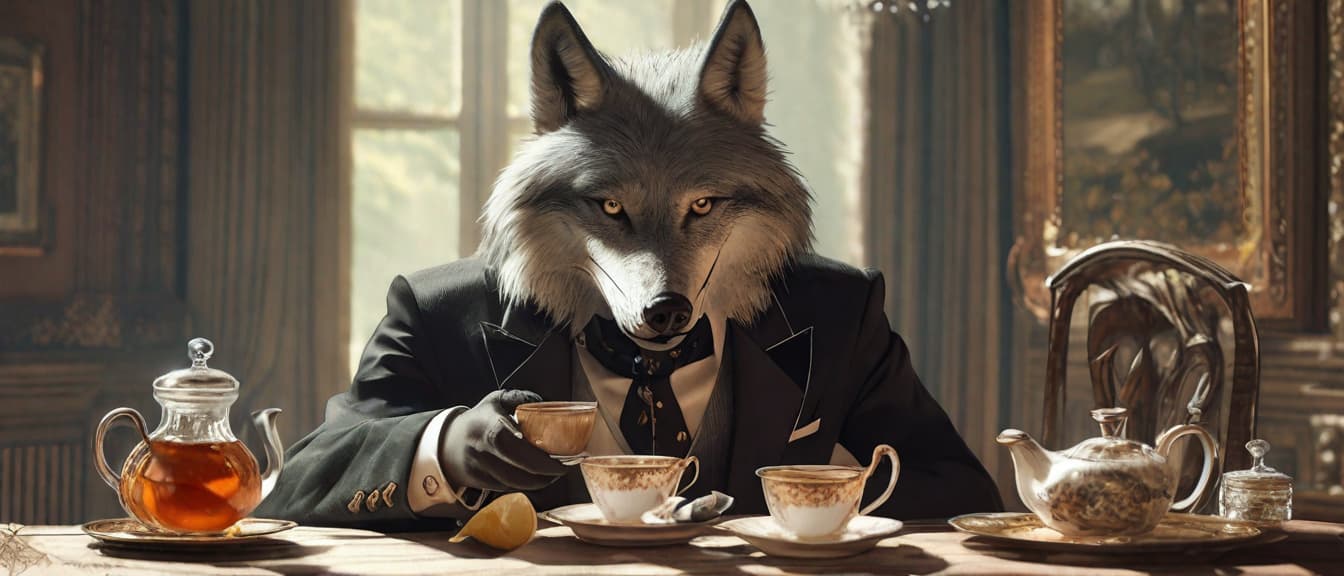  best quality, HD, A Dapper Wolf’s Tea Time