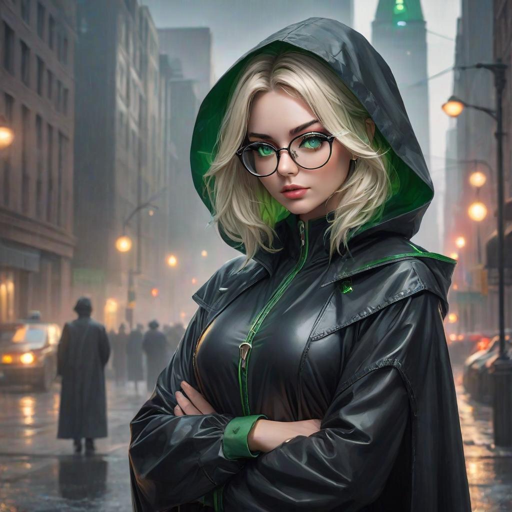  The goddess of justice and order and rigor. Short light hair, green eyes, glasses and piercings. A black raincoat. hyperrealistic, full body, detailed clothing, highly detailed, cinematic lighting, stunningly beautiful, intricate, sharp focus, f/1. 8, 85mm, (centered image composition), (professionally color graded), ((bright soft diffused light)), volumetric fog, trending on instagram, trending on tumblr, HDR 4K, 8K