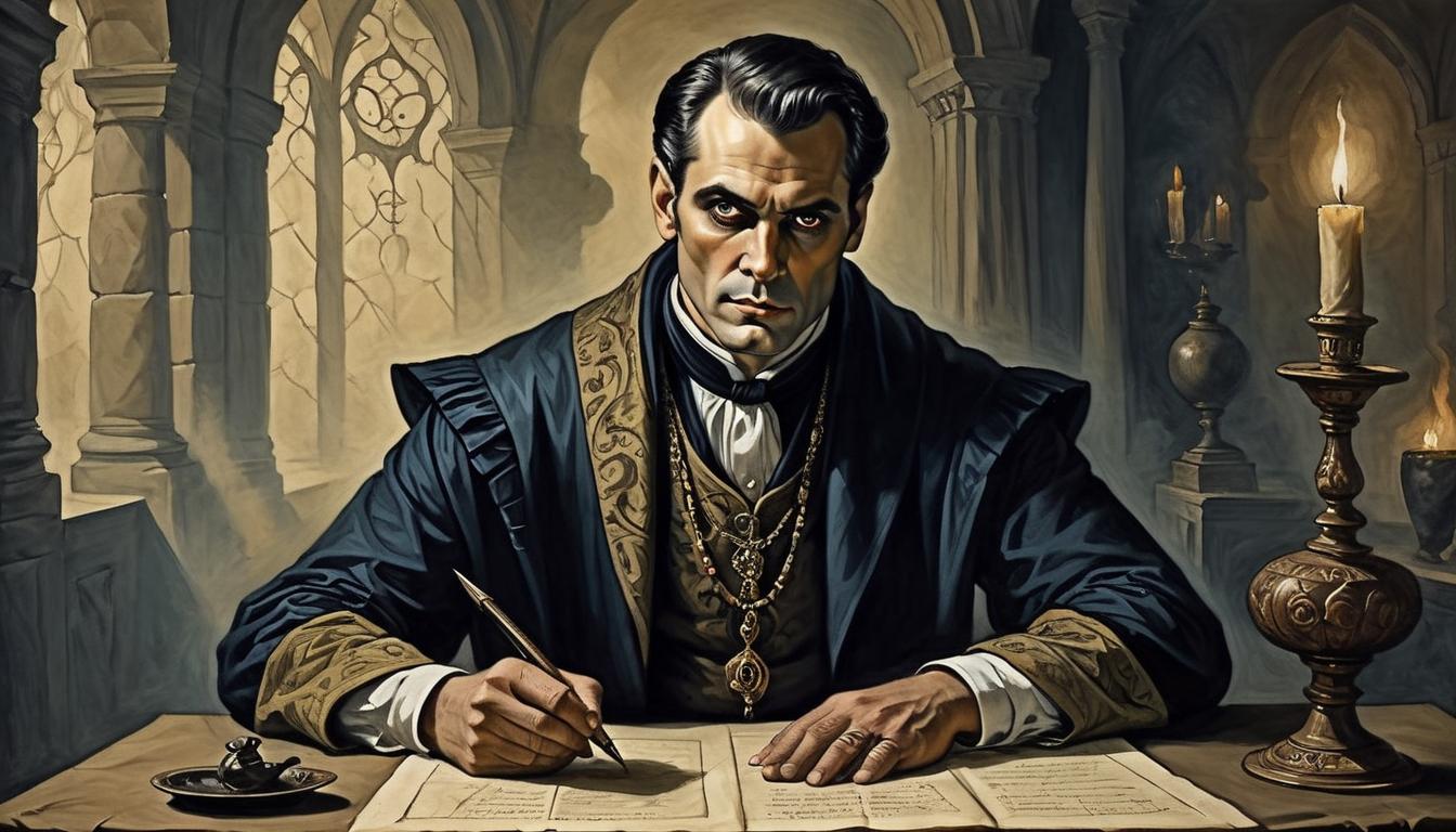  on parchment, surrealism+++, Portrait of a zealous man with an intense expression, traditional pharisaic attire, dramatic lighting. Dark shadows accentuate his fervor, historical, determined(mysterious, provocative, symbolic,muted color)+++