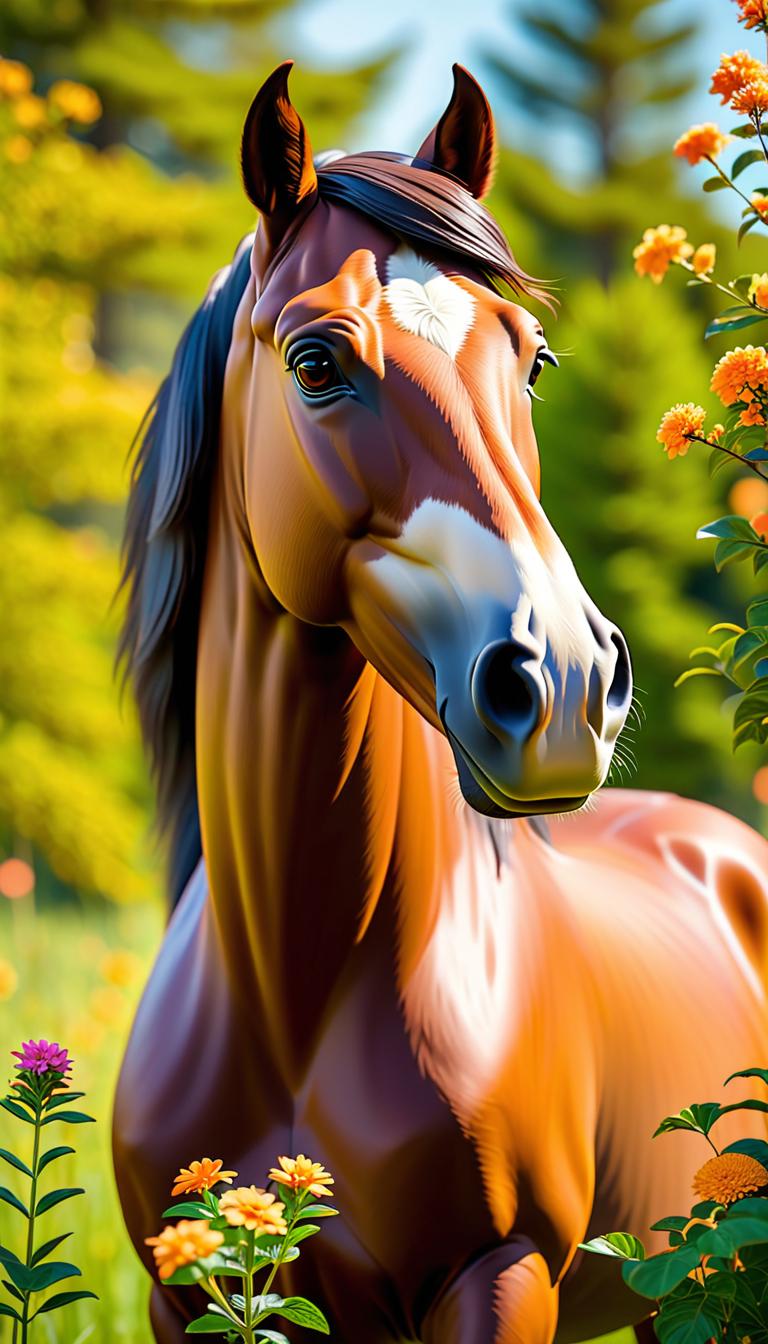  Professional 3D model of A stately, beautiful, brown horse stay in a summer clearing. The horse is surrounded by light pink and yellow flowers and bushes, With orange flowers. . Rendered with Octane, the model is highly detailed,dramatic lighting. hyperrealistic, full body, detailed clothing, highly detailed, cinematic lighting, stunningly beautiful, intricate, sharp focus, f/1. 8, 85mm, (centered image composition), (professionally color graded), ((bright soft diffused light)), volumetric fog, trending on instagram, trending on tumblr, HDR 4K, 8K