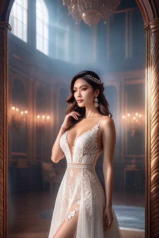  Beautiful woman, white lace dress, standing in front of a mirror, stunning, masterpiece, hyper realistic, feminine, best quality image, soft lighting, 8k wallpaper hyperrealistic, full body, detailed clothing, highly detailed, cinematic lighting, stunningly beautiful, intricate, sharp focus, f/1. 8, 85mm, (centered image composition), (professionally color graded), ((bright soft diffused light)), volumetric fog, trending on instagram, trending on tumblr, HDR 4K, 8K