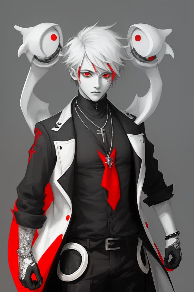  Fashionable, black and white gray background, red eyes, cool boy