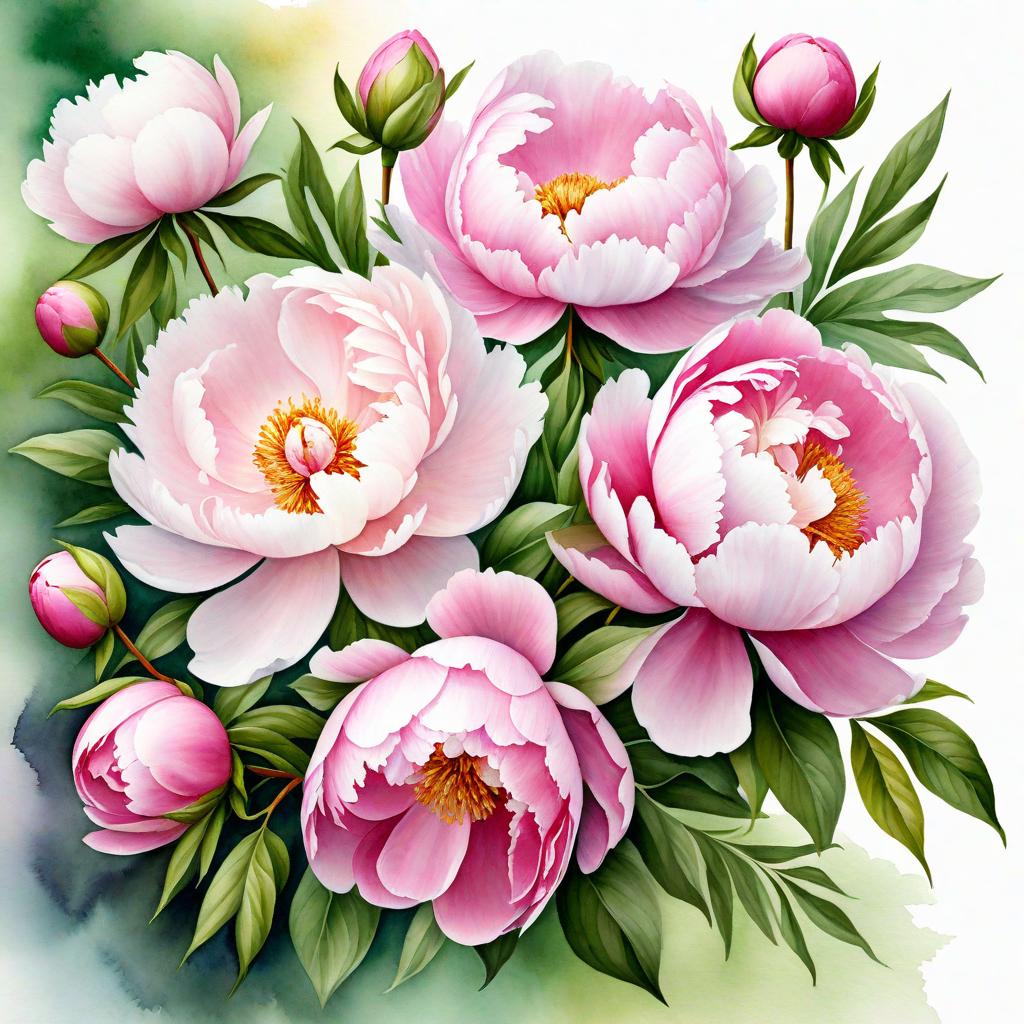  Create a delicate watercolor digital painting of a beautiful bouquet of large, blooming peonies in shades of pink and white, surrounded by lush green leaves. Intertwined with the flowers is a stethoscope, its tubing wrapping gracefully around the blooms, adding a unique and artistic touch. The background should feature soft, watercolor style splashes, enhancing the dreamy and artistic feel of the image. Ensure the overall image maintains a gentle and elegant watercolor effect.