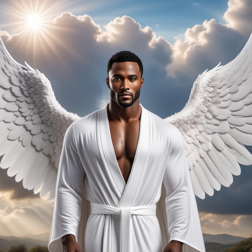  A majestic Black male angel with large wings, glowing with divine light. He is wearing a white flowing robe, and has a serene and compassionate expression. The background is a heavenly landscape with clouds and a soft light shining down. hyperrealistic, full body, detailed clothing, highly detailed, cinematic lighting, stunningly beautiful, intricate, sharp focus, f/1. 8, 85mm, (centered image composition), (professionally color graded), ((bright soft diffused light)), volumetric fog, trending on instagram, trending on tumblr, HDR 4K, 8K