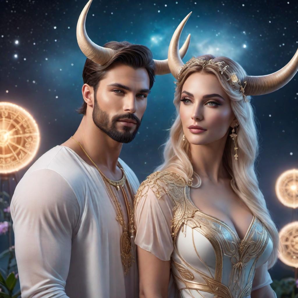  Taurus male and Gemini female zodiac sign in lofi fantasy style. The scene features a dreamy, mystical atmosphere with soft, glowing lights and ethereal colors. The Taurus male has a strong and nurturing presence with distinctive bull horns, while the Gemini female has a curious and playful expression. They are surrounded by zodiac symbols, stars, and a serene background, reflecting their astrological connection. hyperrealistic, full body, detailed clothing, highly detailed, cinematic lighting, stunningly beautiful, intricate, sharp focus, f/1. 8, 85mm, (centered image composition), (professionally color graded), ((bright soft diffused light)), volumetric fog, trending on instagram, trending on tumblr, HDR 4K, 8K