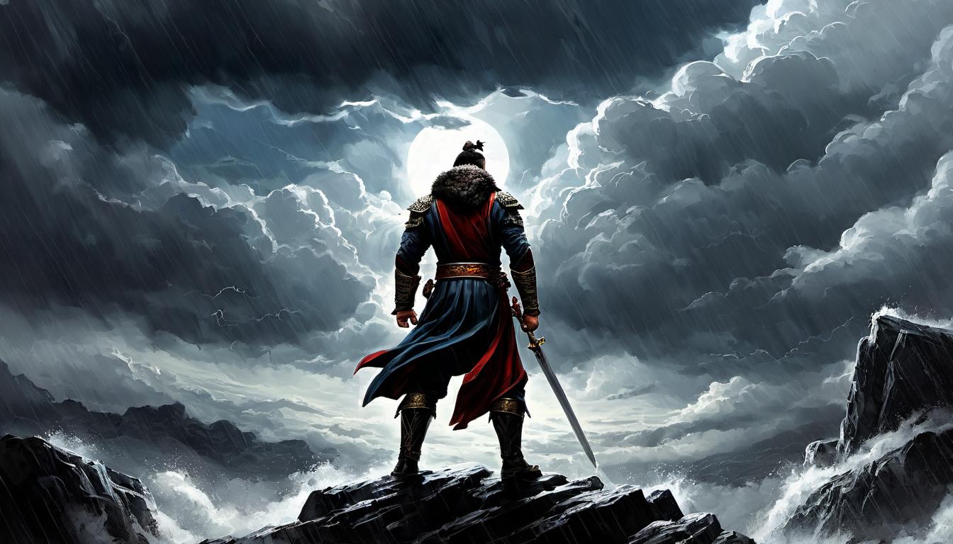  digital painting of Nimrod, male figure, strong build, regal attire, gazing at the sky, hand reaching upwards, storm clouds gathering, turbulent, ambitious, intense looking at viewer, dynamic pose, (intricate details, masterpiece, best quality)