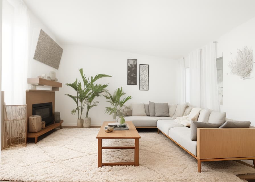  Living Room, Cozy, comfortable, family time, relaxation, entertainment, decor, furniture, lighting The room depicted in the image exhibits a minimalist and contemporary living room theme, emphasizing clean lines and neutral tones. Contemporary minimalist living room with a white sectional sofa, wooden accent chairs, geometric rug, and large leaf artwork. minimalist, contemporary, living room, white sectional sofa, wooden accent chairs, geometric rug, large leaf artwork earhty colors