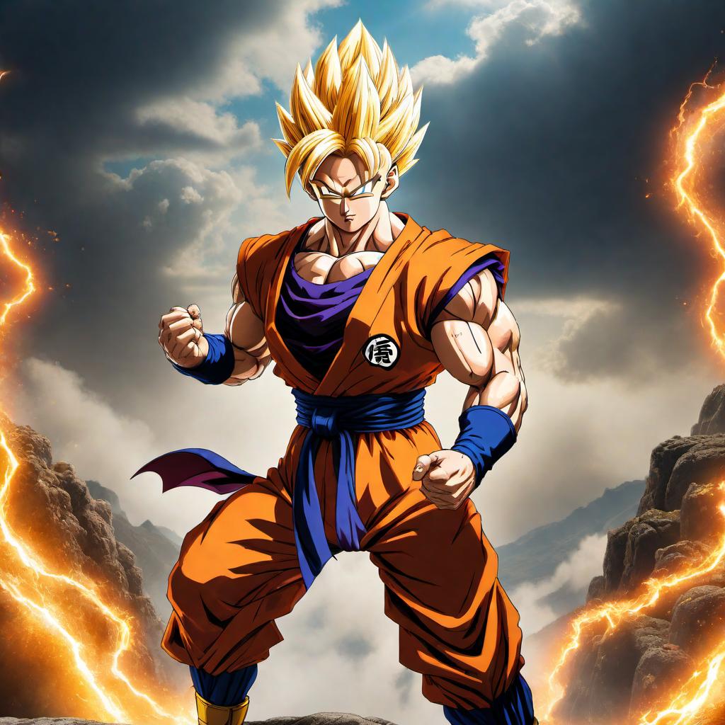  A detailed image of Gohan as a Super Saiyan from Dragon Ball Z. He should be in his iconic Super Saiyan form with golden hair, fierce eyes, and an intense expression. His outfit should be his traditional battle attire, and he should be striking a dynamic pose with energy radiating around him. The background should be a powerful, energetic battlefield scene with vibrant colors and dramatic effects. hyperrealistic, full body, detailed clothing, highly detailed, cinematic lighting, stunningly beautiful, intricate, sharp focus, f/1. 8, 85mm, (centered image composition), (professionally color graded), ((bright soft diffused light)), volumetric fog, trending on instagram, trending on tumblr, HDR 4K, 8K