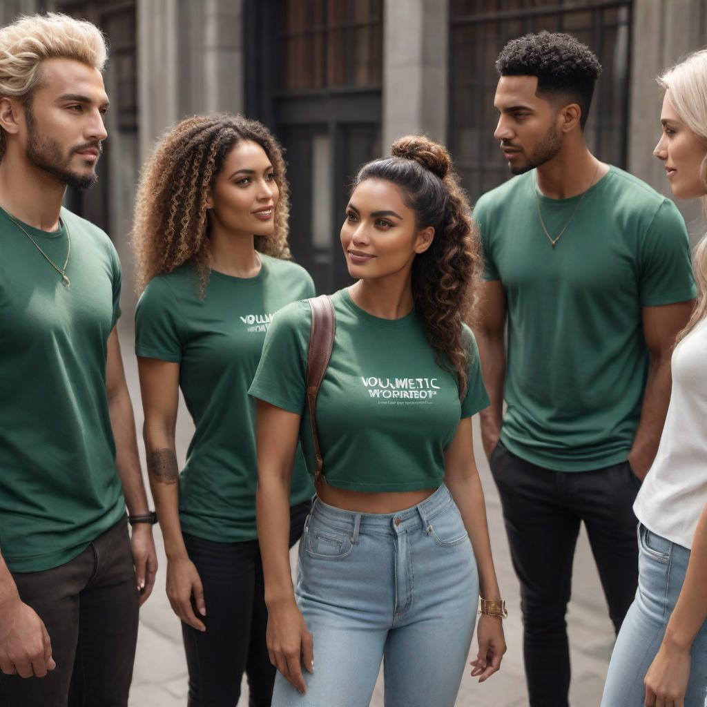  A picture of four diverse individuals representing unity: 1. A young woman of Asian and European descent with curly dark brown very short hair. 2. A young man of African and Middle Eastern descent with cropped black hair, medium brown skin, wearing a green t-shirt. 3. A woman of South Asian and Latino descent with curly white hair, wearing a jumper. 4. A man of Indigenous and European descent with wavy blond hair tied back. All of them are talking together and appear friendly and engaged in conversation. hyperrealistic, full body, detailed clothing, highly detailed, cinematic lighting, stunningly beautiful, intricate, sharp focus, f/1. 8, 85mm, (centered image composition), (professionally color graded), ((bright soft diffused light)), volumetric fog, trending on instagram, trending on tumblr, HDR 4K, 8K